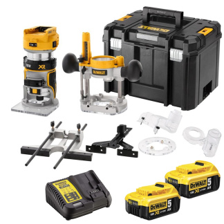 Dewalt DCW604P2 18V XR Brushless 1/4'' Router, Fixed Bases, Plunge Bases, 2x 5.0Ah Batteries, Charger & TSTAK Case