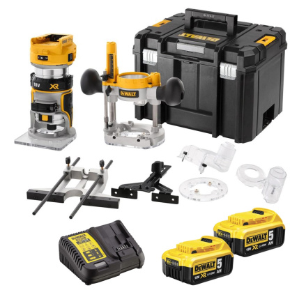 Dewalt DCW604P2 18V XR Brushless 1/4'' Router, Fixed Bases, Plunge Bases, 2x 5.0Ah Batteries, Charger & TSTAK Case