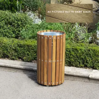 Wooden Slatted Circular Timber Litter Bin Hardwood Dark Stain 56 Litres