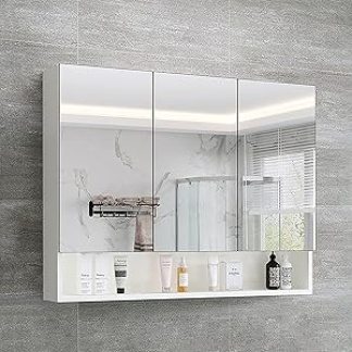 CLIPOP Bathroom Mirror Cabinet 3 Door Wall Mounted Mirror Storage Cupboard with Open Shelf and Adjustable Shelves