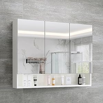 CLIPOP Bathroom Mirror Cabinet 3 Door Wall Mounted Mirror Storage Cupboard with Open Shelf and Adjustable Shelves