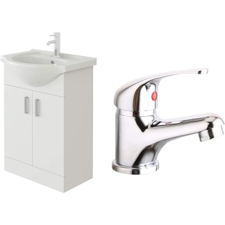 550mm High Gloss White Sink Vanity Cabinet Unit, Chrome Basin Mixer Tap & Waste